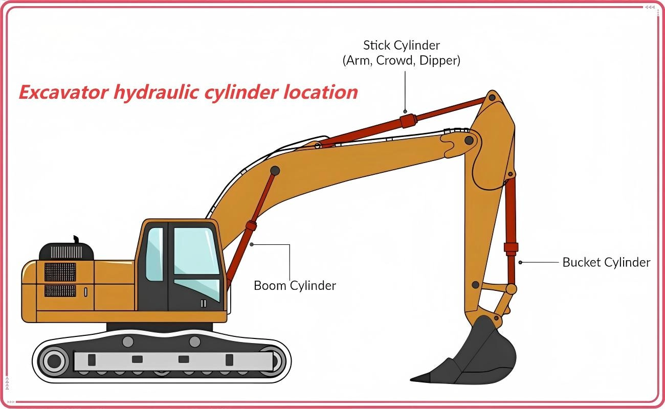 Excavator hydraulic cylinder location